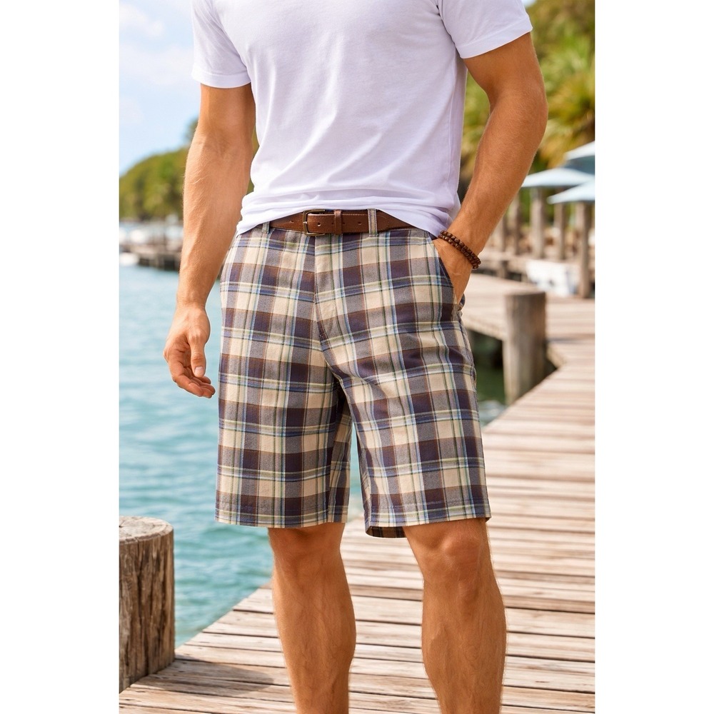 American Eagle Plaid Shorts Mens 36 Brown Blue Flat Front Casual Preppy Chino